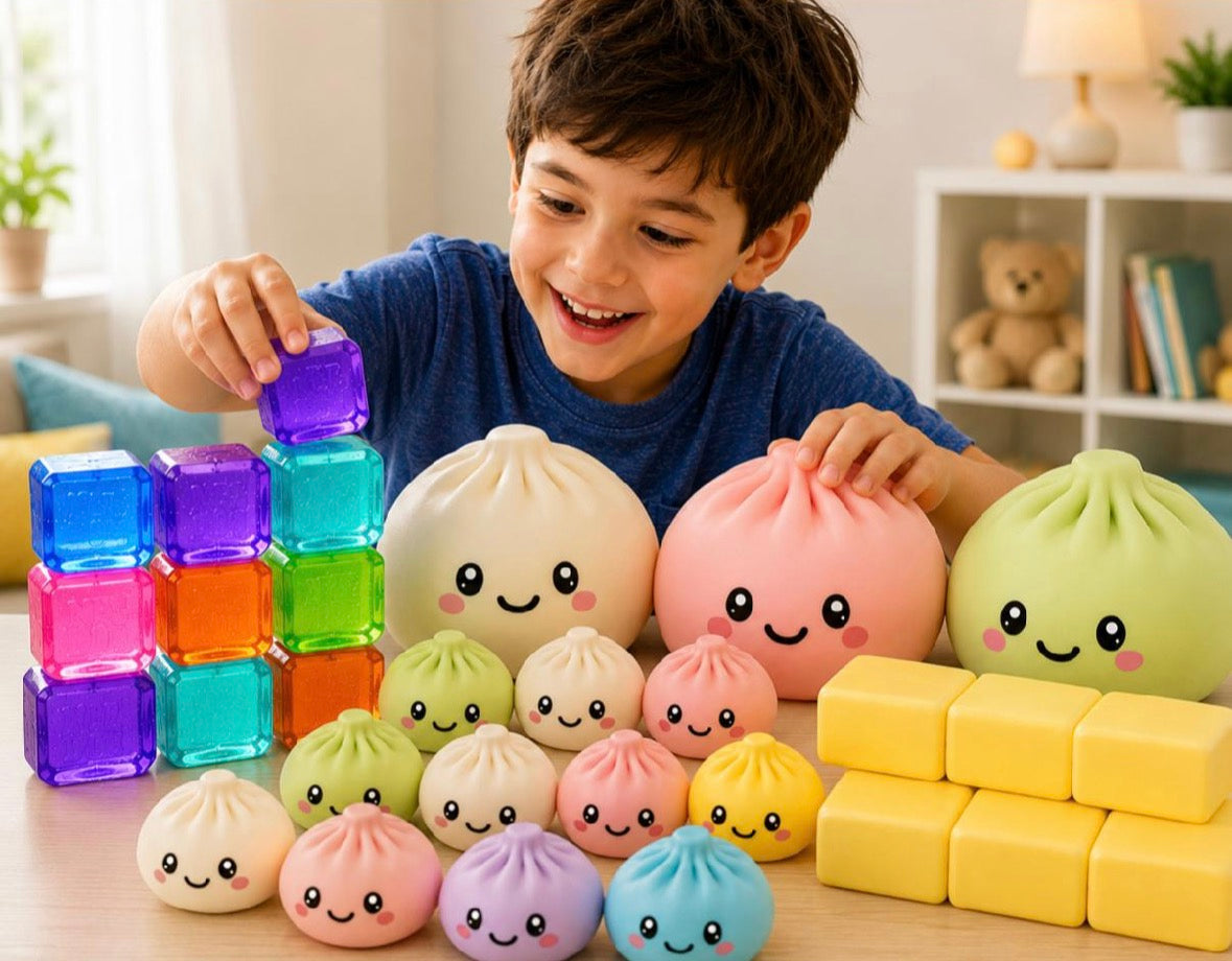 Dumpling Squishy, Needoh, Butter squishy, Giant squishy party package 3:-- Needoh Squishy Party Bundle Set of 48 — 12 Dumpling Squishies + 12 Butter Squishies + 12 NeeDoh Ice Cube + 6 Giant dumpling Dumpling Squishies