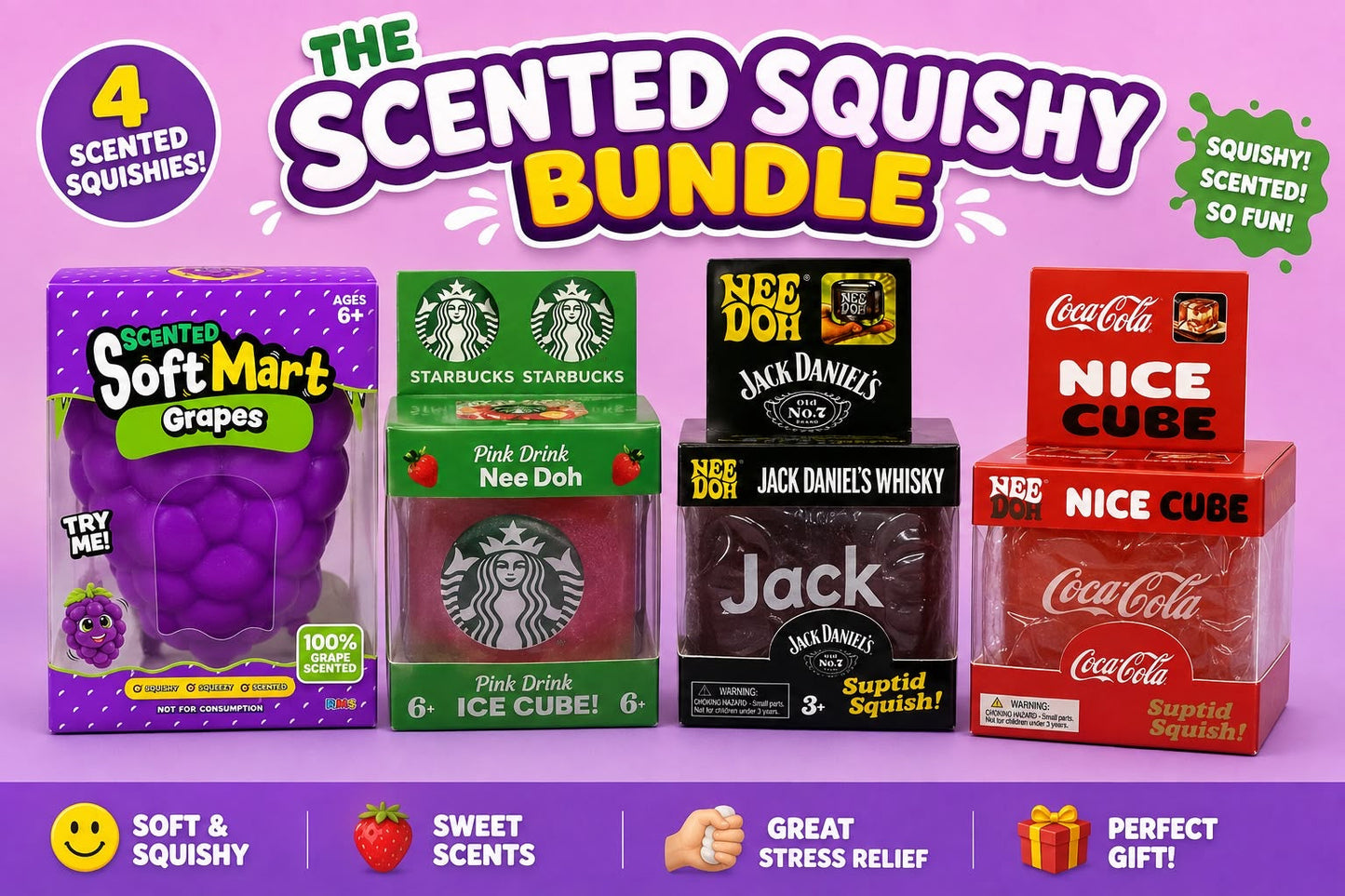 Soft Mart Grapes Squishy, Starbucks inspired Nice Cube, Jack Daniel's Whisky inspired Nice Cube & Coca-Cola inspired Nice Cube - The Squishy Bundle – 4 Squishies