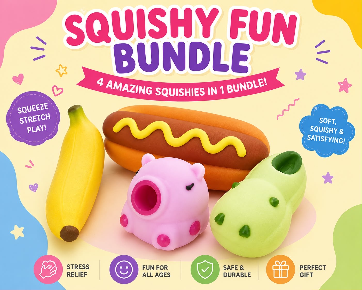 Squishy Fun Bundle – 4 Amazing Squishies - Banana Squishy, Hot Dog Squishy, 2x Capybara