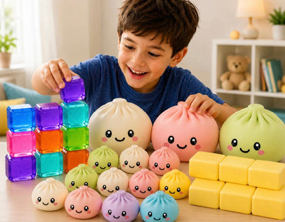 Dumpling Squishy, Needoh, Butter squishy, Giant squishy party package 3:--  Needoh Squishy Party Bundle Set of 48 — 12 Dumpling Squishies + 12 Butter Squishies + 12 NeeDoh Ice Cube  + 6 Giant dumpling  Dumpling Squishies