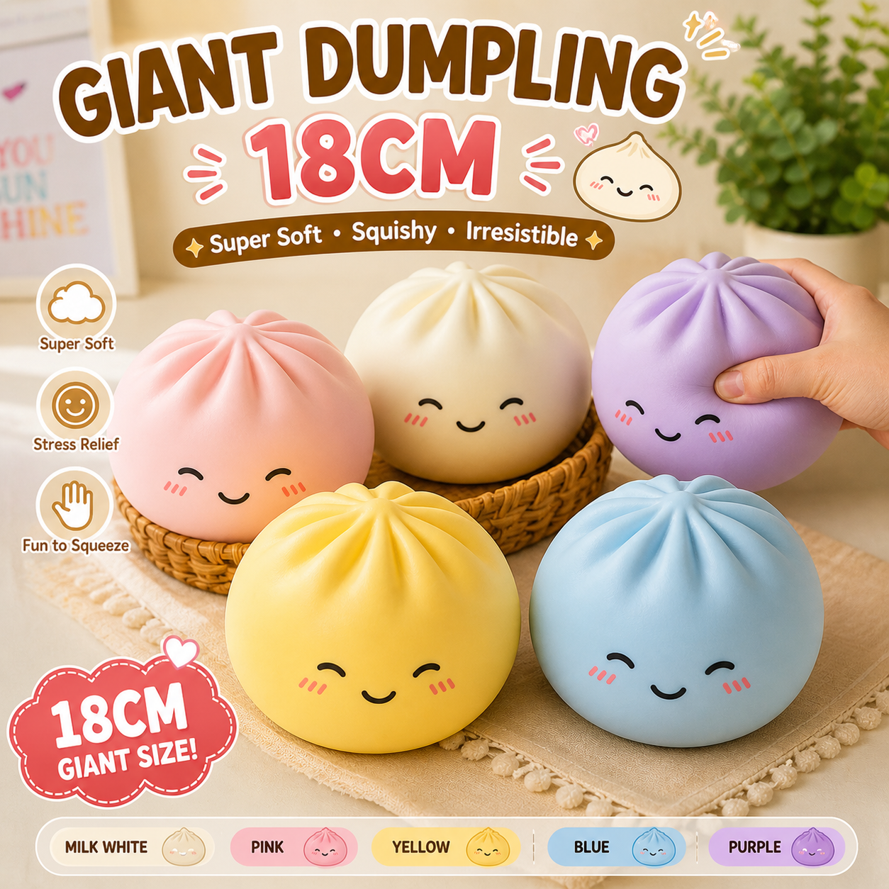 Giant Dumpling Squishy, Mystery Giant Dumpling Squishy, 18cm Jumbo Fidget Toy Mega Rainbow Dumplings, Cute Anxiety Relief Fidget Dumpling, Soft Squeeze Decompression Dough for Adults
