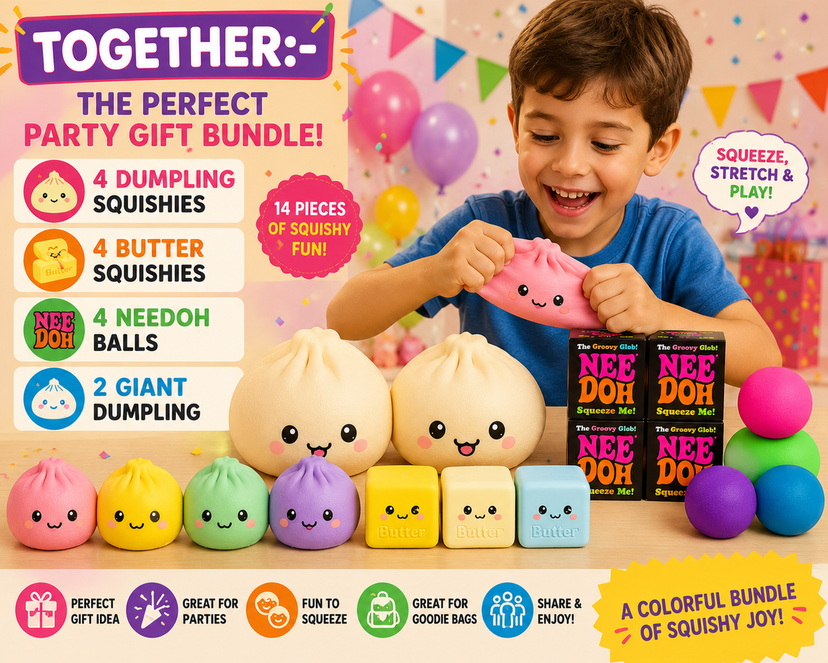 Dumpling Squishy, Needoh, Butter squishy, Giant squishy party package 1:- Set of 4 Needoh, Set of 4 jumbo butter, set of 4 Dumplings, Set of 2 Giant dumpling colors may vary
