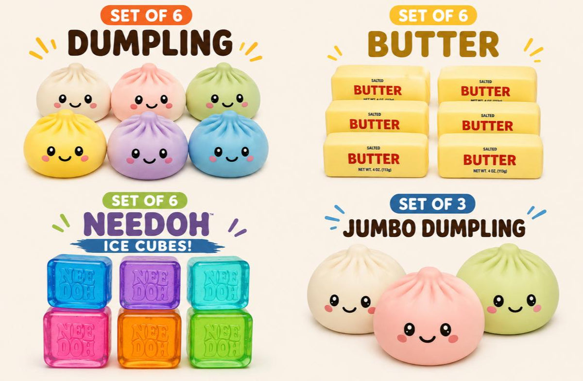Dumpling Squishy, Needoh, Butter squishy, Giant squishy party package 2:- Set of 6 Needoh, Set of 6 jumbo butter, set of 6 Dumplings, Set of 3 Giant dumpling colors may vary