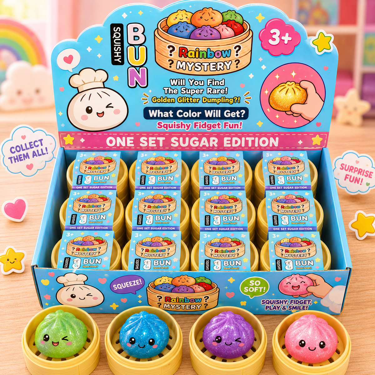 Glitter Dumpling Squishy 24pcs Mini Clear Fidget Toy, Kawaii Stress Balls Anxiety Relief Squishy Sensory Toys for Kids Adults,Classroom,Goodie Bag Stuffers