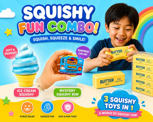 Mini glitter dumpling, Butter squishy, Ice cream cone squishy party package 1:- Set of 1 Butter squishy, Set of 1 Mini glitter dumpling, set of 1 Ice cream cone, colors may vary